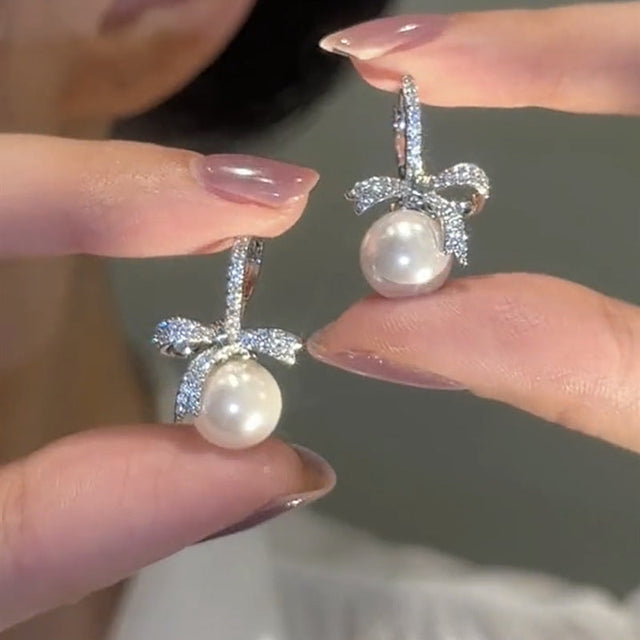 Elegant Zirconia Bow Pearl Earrings with Hypoallergenic Design