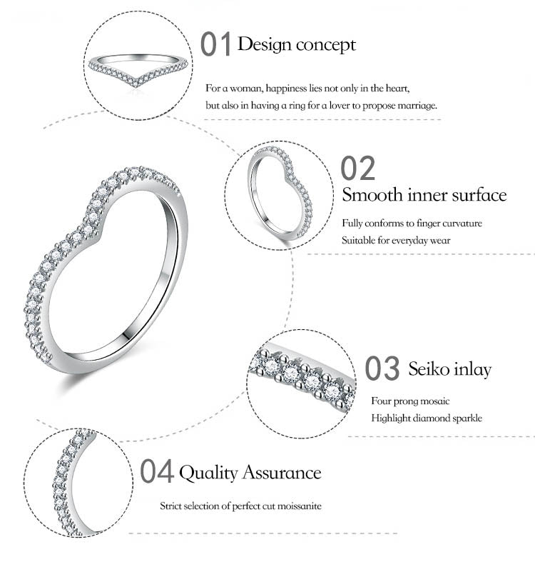 Wishbone Chevron Moissanite Stacking Ring in Rhodium-Plated Silver