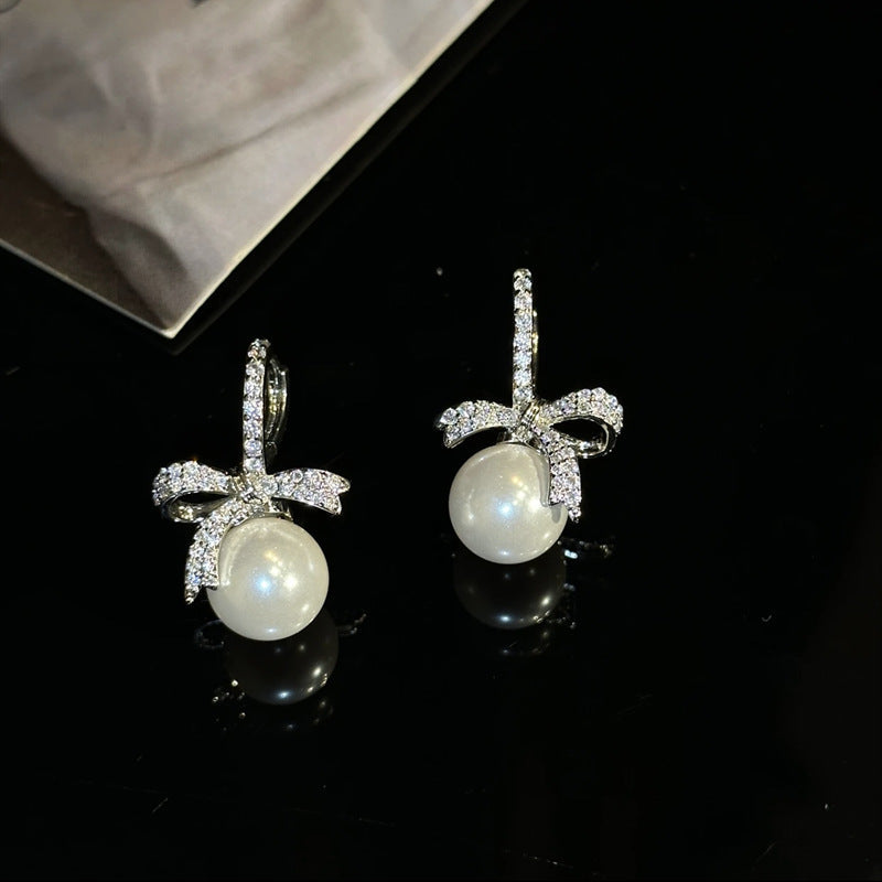 Elegant Zirconia Bow Pearl Earrings with Hypoallergenic Design