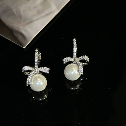 Elegant Zirconia Bow Pearl Earrings with Hypoallergenic Design