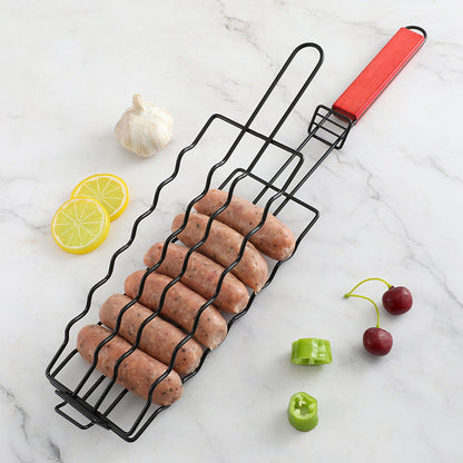 Skewer-Free Wooden BBQ Basket with Comfortable Handle