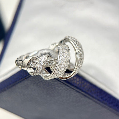 Elegant Sterling Silver Ribbon Full Pavé Diamond Ring
