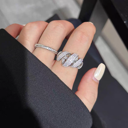 Elegant Sterling Silver Ribbon Full Pavé Diamond Ring