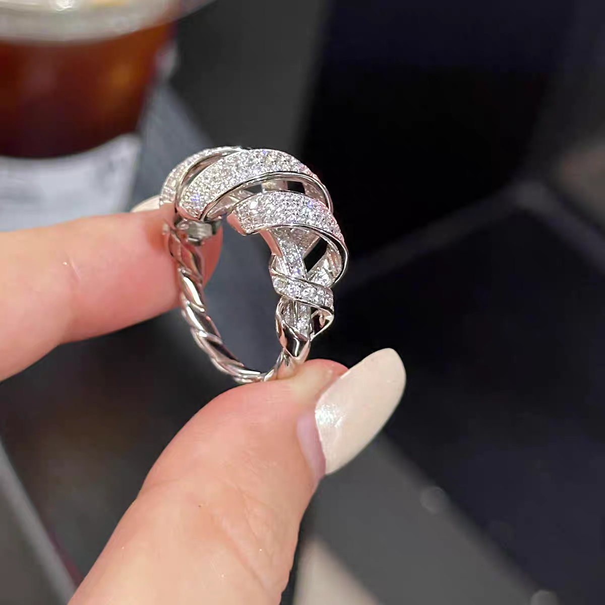 Sterling Silver Ribbon Full Pavé Diamond Ring Elegant 925