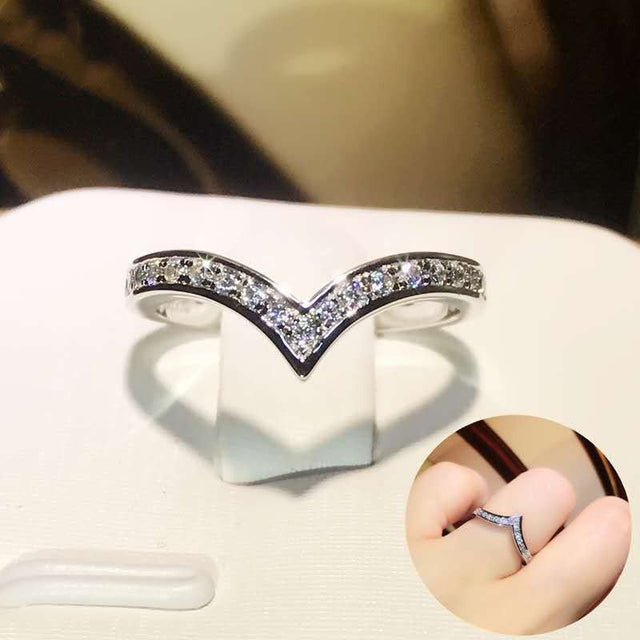 Wishbone Chevron Moissanite Stacking Ring in Rhodium-Plated Silver