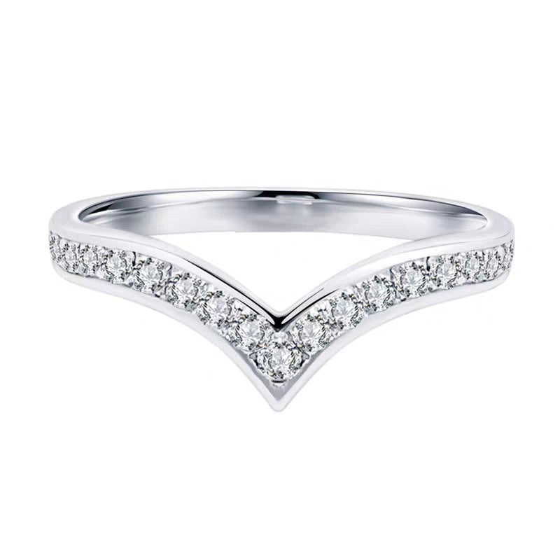 Wishbone Chevron Moissanite Stacking Ring in Rhodium-Plated Silver