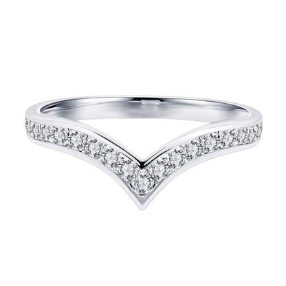 Wishbone Chevron Moissanite Stacking Ring in Rhodium-Plated Silver