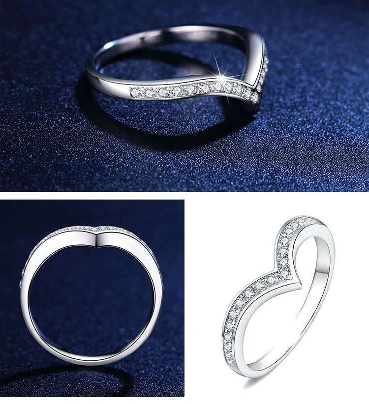 Wishbone Chevron Moissanite Stacking Ring in Rhodium-Plated Silver