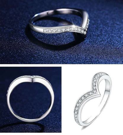 Wishbone Chevron Moissanite Stacking Ring in Rhodium-Plated Silver