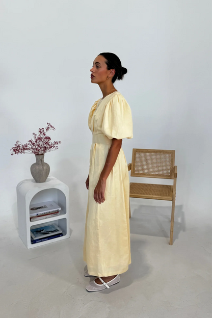 Butter Yellow Air Maxi Dress with Puffed Sleeves