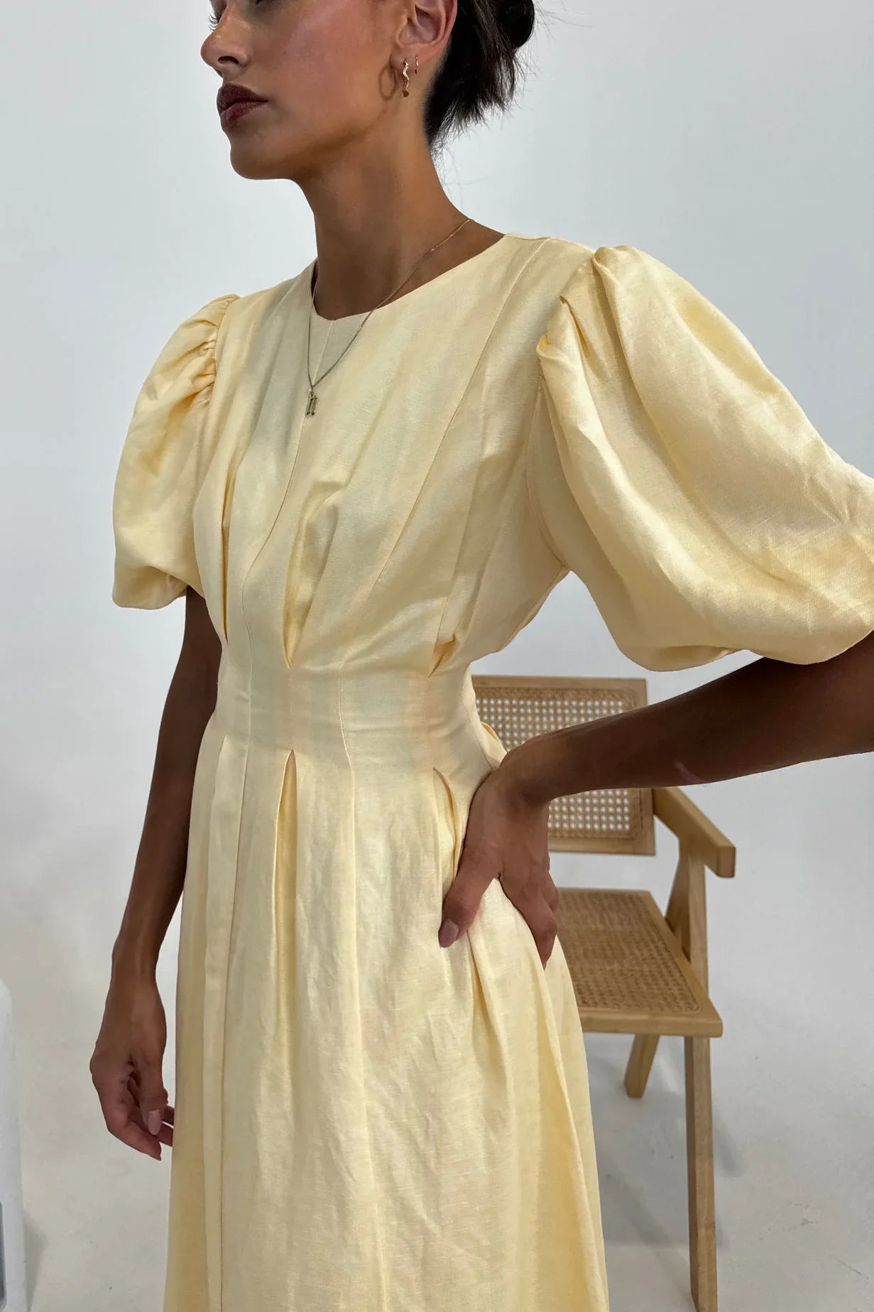 Butter Yellow Air Maxi Dress with Puffed Sleeves