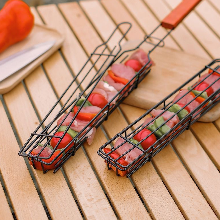 Skewer-Free Wooden BBQ Basket with Comfortable Handle