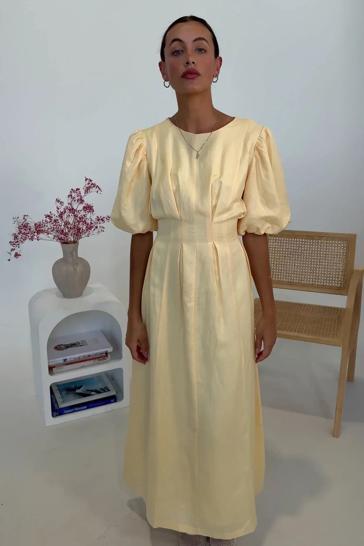 Butter Yellow Air Maxi Dress with Puffed Sleeves